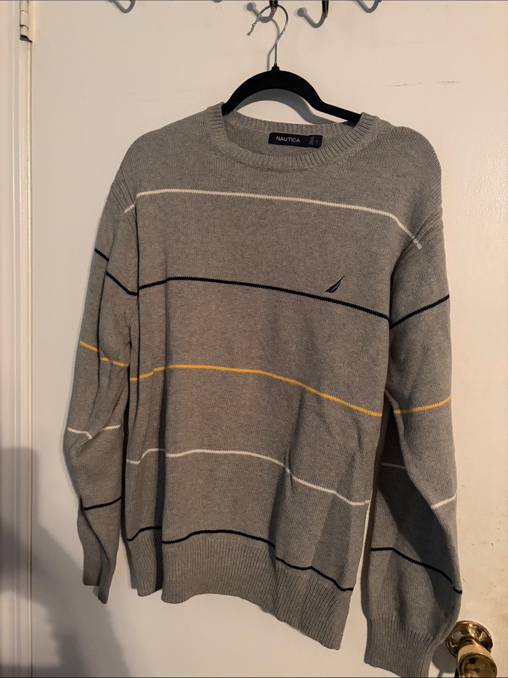 Nautica Men’s Gray Striped Crewneck Sweater with Yellow Accent